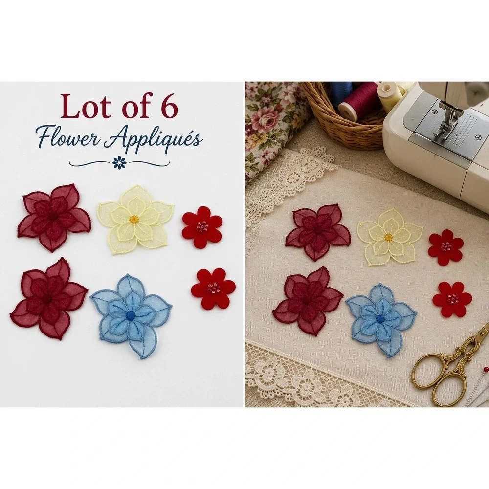 Lot 6 Floral Organza Appliques Embroidered Flower Patches Sheer Craft Sewing